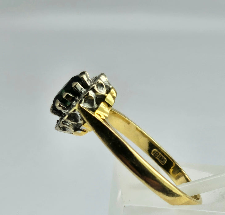 6361 Vintage: 18ct Gold Green Garnet Diamonds Halo Cluster Ring- From 1972