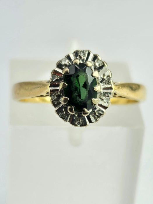 6361 Vintage: 18ct Gold Green Garnet Diamonds Halo Cluster Ring- From 1972
