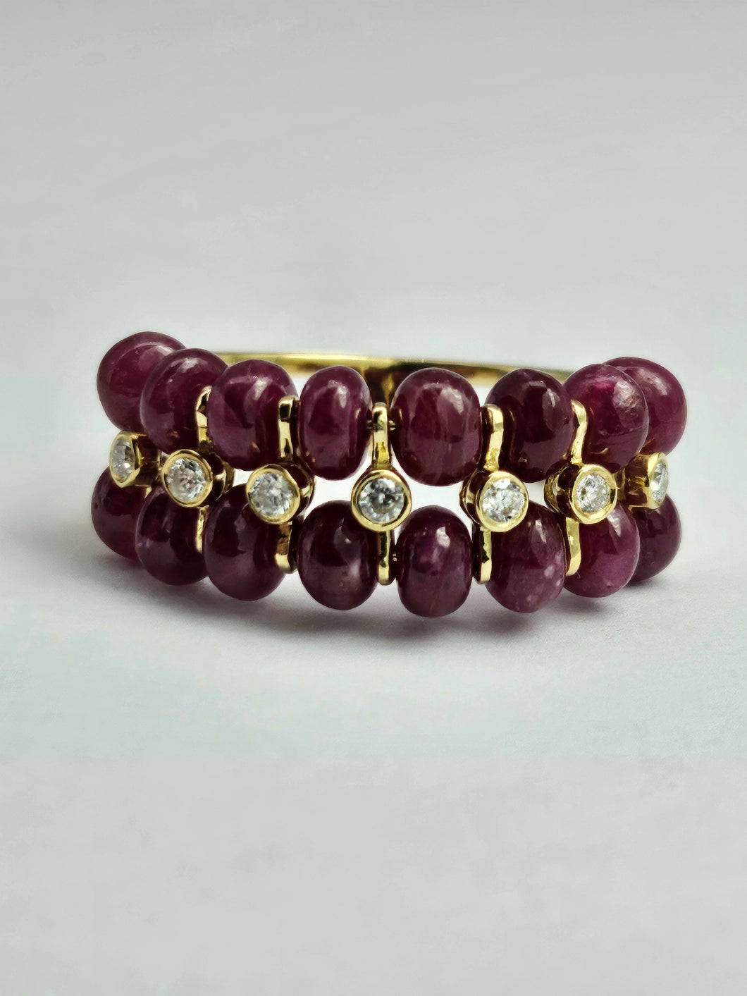 1520: Vintage: 18ct Gold Rubies Diamonds Tiered Cocktail Ring