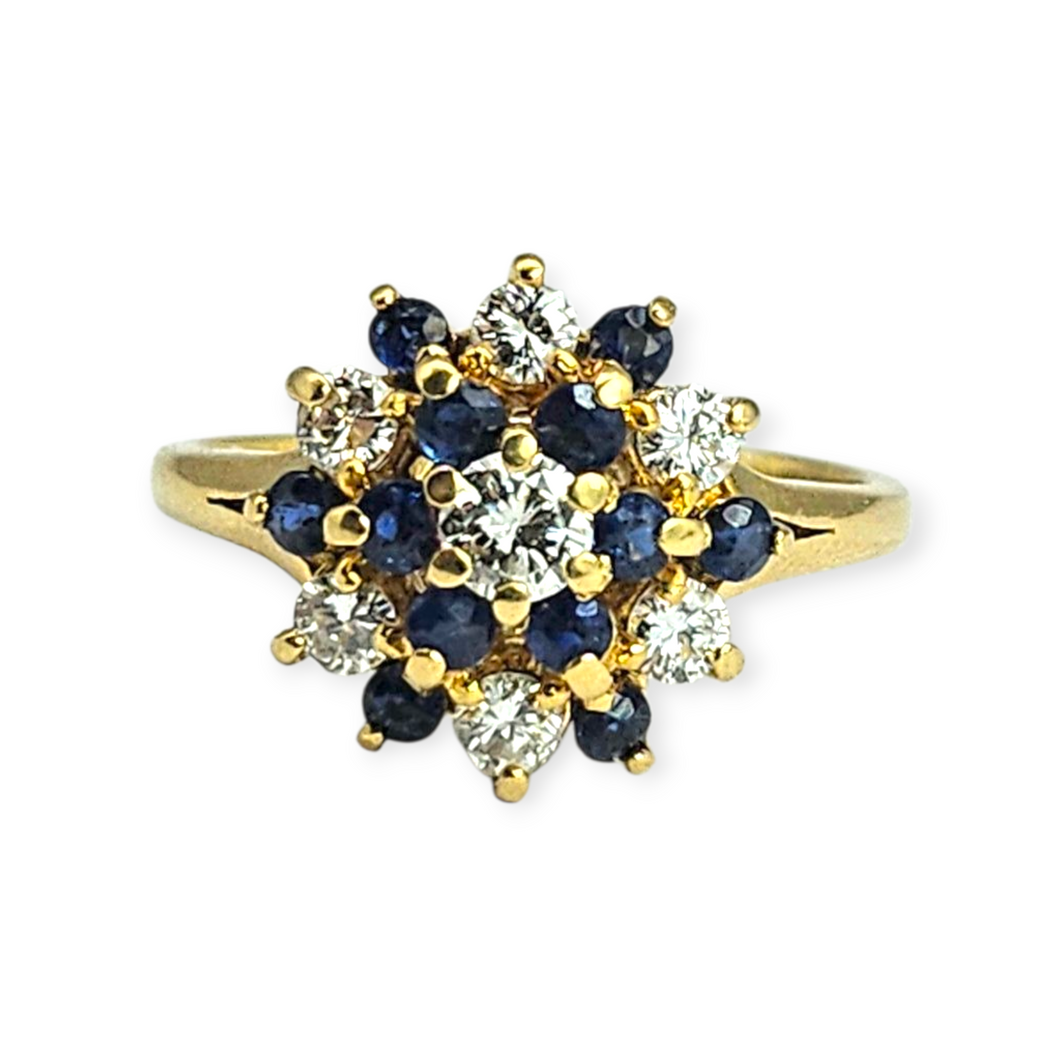 6271 Vintage: 18ct Gold French Blue Sapphires Diamonds Flower Head Cluster