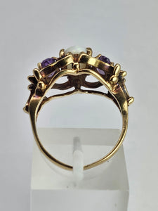 1362: Vintage: 9ct Gold White Opal Lilac Amethysts Cocktail Ring- From 1974