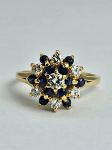 1498: Vintage: 18ct Gold French Blue Sapphires Diamonds Flower Head Cluster- superb quality