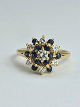 Load image into Gallery viewer, 1498: Vintage: 18ct Gold French Blue Sapphires Diamonds Flower Head Cluster- superb quality

