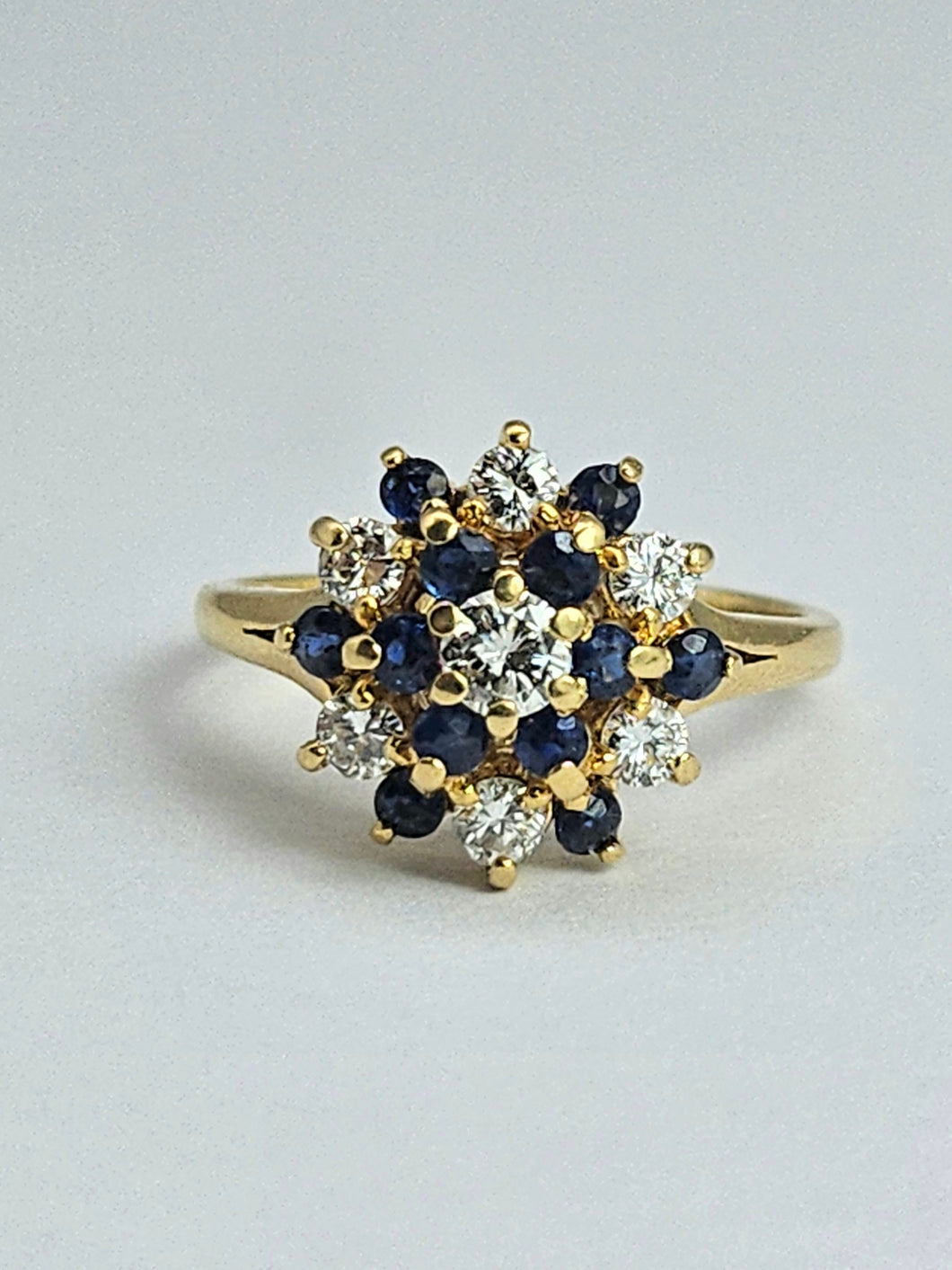 1498: Vintage: 18ct Gold French Blue Sapphires Diamonds Flower Head Cluster- superb quality