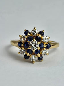 1498: Vintage: 18ct Gold French Blue Sapphires Diamonds Flower Head Cluster- superb quality
