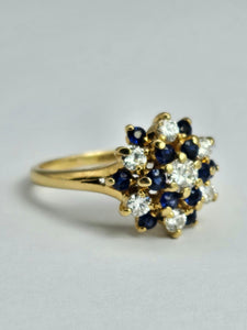 1498: Vintage: 18ct Gold French Blue Sapphires Diamonds Flower Head Cluster- superb quality