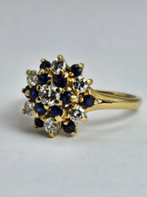 Load image into Gallery viewer, 1498: Vintage: 18ct Gold French Blue Sapphires Diamonds Flower Head Cluster- superb quality
