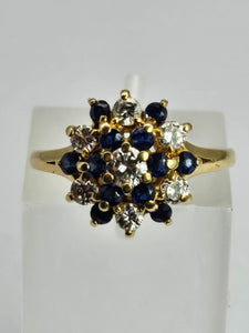 1498: Vintage: 18ct Gold French Blue Sapphires Diamonds Flower Head Cluster- superb quality
