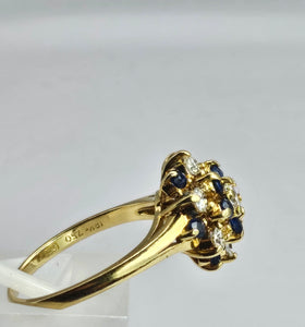 1498: Vintage: 18ct Gold French Blue Sapphires Diamonds Flower Head Cluster- superb quality