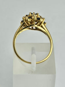 1498: Vintage: 18ct Gold French Blue Sapphires Diamonds Flower Head Cluster- superb quality