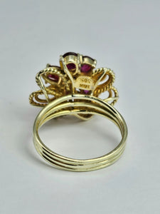 1508: Vintage: 14ct Gold Rubies Diamonds Cocktail Cluster Ring - Statement