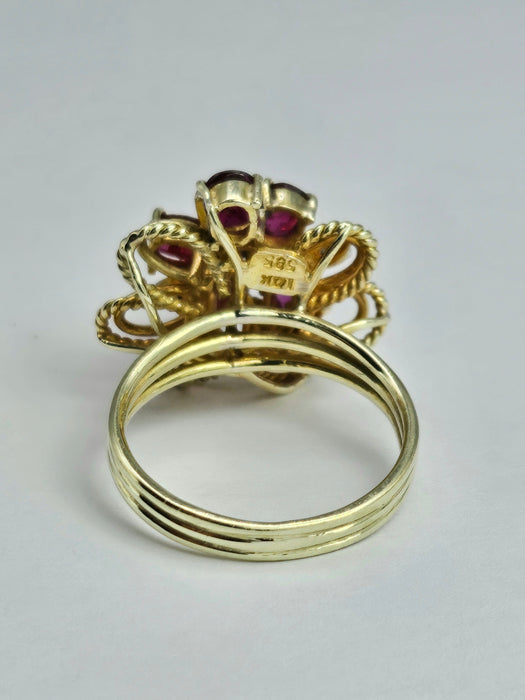 1508: Vintage: 14ct Gold Rubies Diamonds Cocktail Cluster Ring - Statement