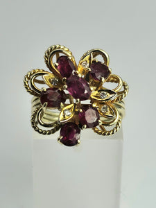 1508: Vintage: 14ct Gold Rubies Diamonds Cocktail Cluster Ring - Statement