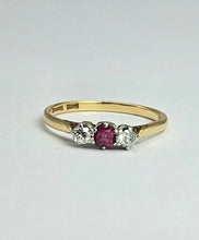 Load image into Gallery viewer, 1528: Vintage; 18ct Gold Ruby Round Cut Diamonds 3- Stone Ring- a very fine example
