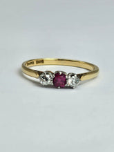 Load image into Gallery viewer, 1528: Vintage; 18ct Gold Ruby Round Cut Diamonds 3- Stone Ring- a very fine example
