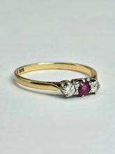 Load image into Gallery viewer, 1528: Vintage; 18ct Gold Ruby Round Cut Diamonds 3- Stone Ring- a very fine example
