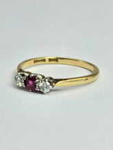 Load image into Gallery viewer, 1528: Vintage; 18ct Gold Ruby Round Cut Diamonds 3- Stone Ring- a very fine example
