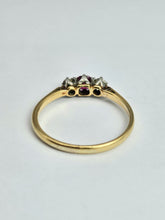 Load image into Gallery viewer, 1528: Vintage; 18ct Gold Ruby Round Cut Diamonds 3- Stone Ring- a very fine example
