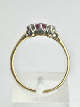 Load image into Gallery viewer, 1528: Vintage; 18ct Gold Ruby Round Cut Diamonds 3- Stone Ring- a very fine example
