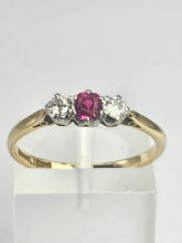 Load image into Gallery viewer, 1528: Vintage; 18ct Gold Ruby Round Cut Diamonds 3- Stone Ring- a very fine example
