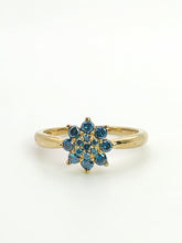 Load image into Gallery viewer, 1346: Vintage; Rare 9ct Gold Blue Diamonds Flower Head Ring- 15 natural, sparkling diamonds
