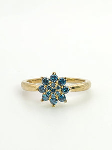 1346: Vintage; Rare 9ct Gold Blue Diamonds Flower Head Ring- 15 natural, sparkling diamonds