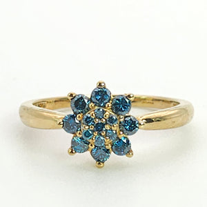 1346: Vintage; Rare 9ct Gold Blue Diamonds Flower Head Ring- 15 natural, sparkling diamonds