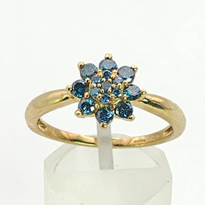 1346: Vintage; Rare 9ct Gold Blue Diamonds Flower Head Ring- 15 natural, sparkling diamonds