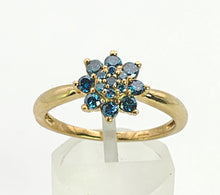 Load image into Gallery viewer, 1346: Vintage; Rare 9ct Gold Blue Diamonds Flower Head Ring- 15 natural, sparkling diamonds
