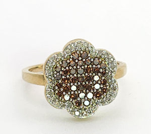 1348: Vintage: 9ct Gold 72 Champagne & White Diamonds (1ct) Flower Head Ring- irresistible