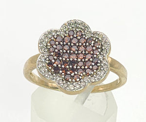 1348: Vintage: 9ct Gold 72 Champagne & White Diamonds (1ct) Flower Head Ring- irresistible
