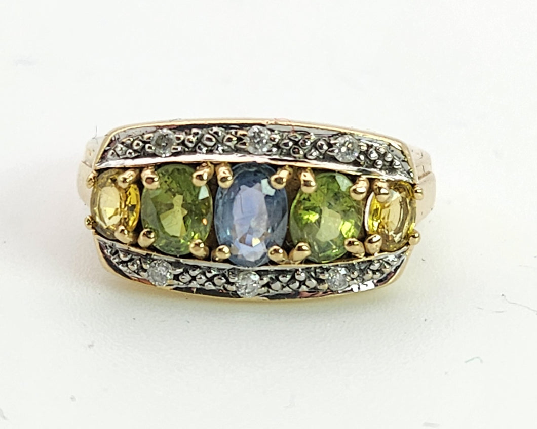 1463: Vintage: 9ct Gold Mixed Coloured Topaz Diamonds Cocktail Ring- lovely combination