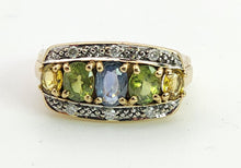 Cargar imagen en el visor de la galería, 1463: Vintage: 9ct Gold Mixed Coloured Topaz Diamonds Cocktail Ring- lovely combination
