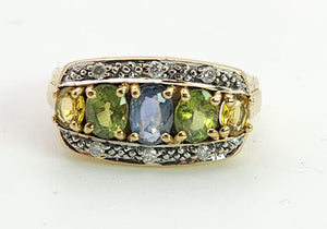 1463: Vintage: 9ct Gold Mixed Coloured Topaz Diamonds Cocktail Ring- lovely combination