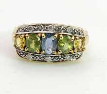 Cargar imagen en el visor de la galería, 1463: Vintage: 9ct Gold Mixed Coloured Topaz Diamonds Cocktail Ring- lovely combination

