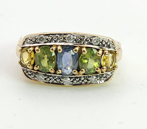 1463: Vintage: 9ct Gold Mixed Coloured Topaz Diamonds Cocktail Ring- lovely combination