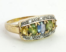 Cargar imagen en el visor de la galería, 1463: Vintage: 9ct Gold Mixed Coloured Topaz Diamonds Cocktail Ring- lovely combination
