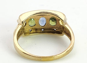 1463: Vintage: 9ct Gold Mixed Coloured Topaz Diamonds Cocktail Ring- lovely combination