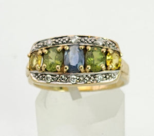 1463: Vintage: 9ct Gold Mixed Coloured Topaz Diamonds Cocktail Ring- lovely combination