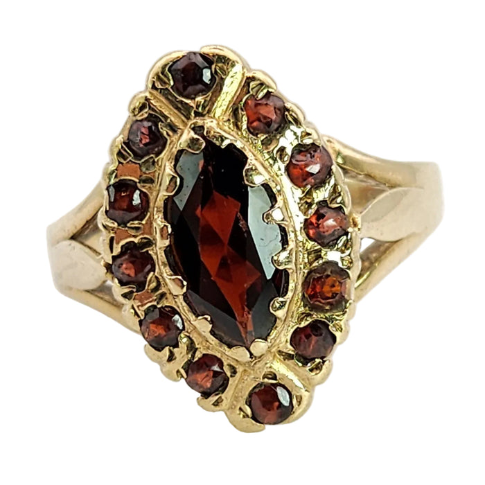 6359 : Vintage: 9ct Gold 13 Navette Set Garnets Cluster Ring- From 1977