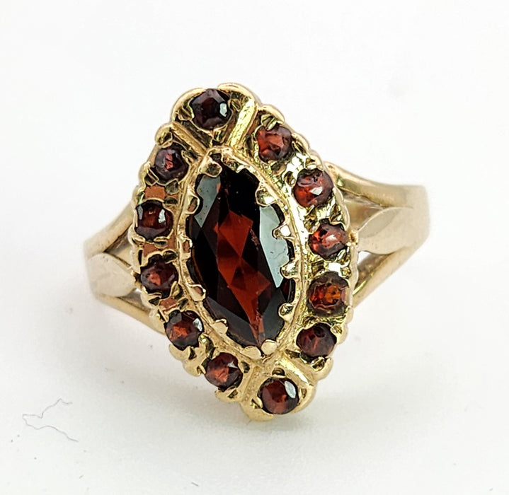 6359 : Vintage: 9ct Gold 13 Navette Set Garnets Cluster Ring- From 1977