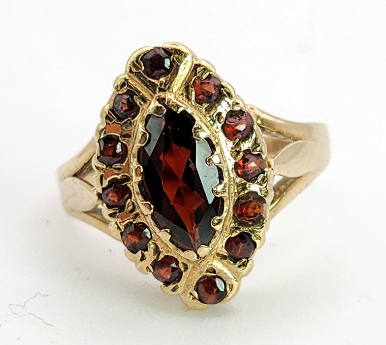 6359 : Vintage: 9ct Gold 13 Navette Set Garnets Cluster Ring- From 1977