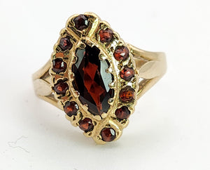 1476: Vintage: 9ct Gold 13 Navette Set Garnets Cluster Ring- From 1977