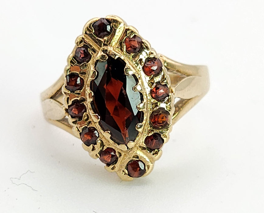 6359 : Vintage: 9ct Gold 13 Navette Set Garnets Cluster Ring- From 1977