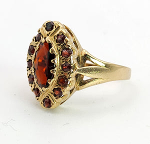 1476: Vintage: 9ct Gold 13 Navette Set Garnets Cluster Ring- From 1977