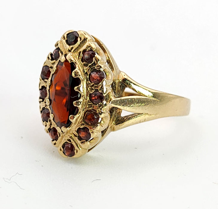 6359 : Vintage: 9ct Gold 13 Navette Set Garnets Cluster Ring- From 1977