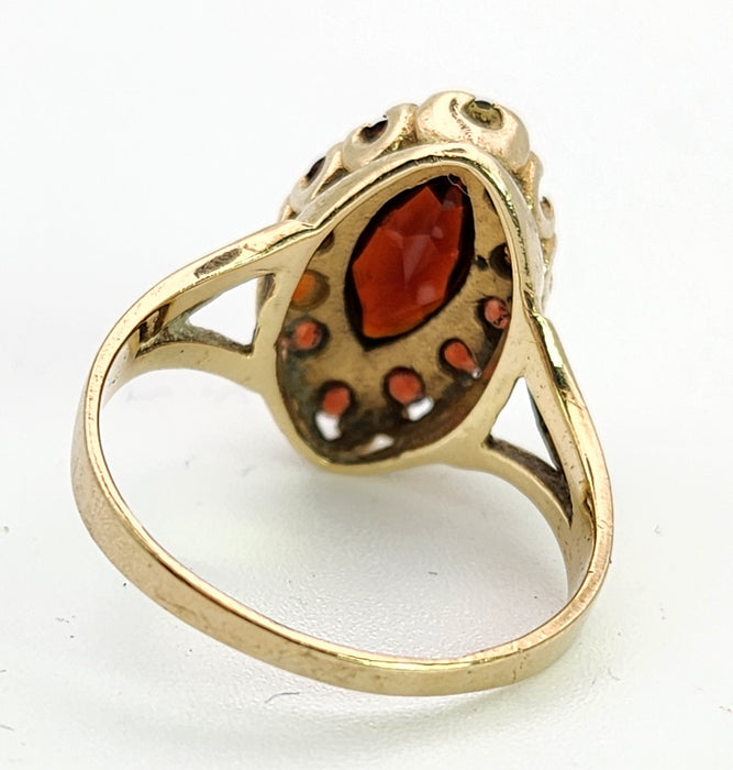6359 : Vintage: 9ct Gold 13 Navette Set Garnets Cluster Ring- From 1977