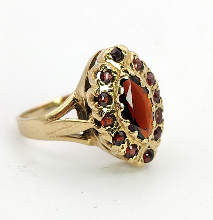 6359 : Vintage: 9ct Gold 13 Navette Set Garnets Cluster Ring- From 1977