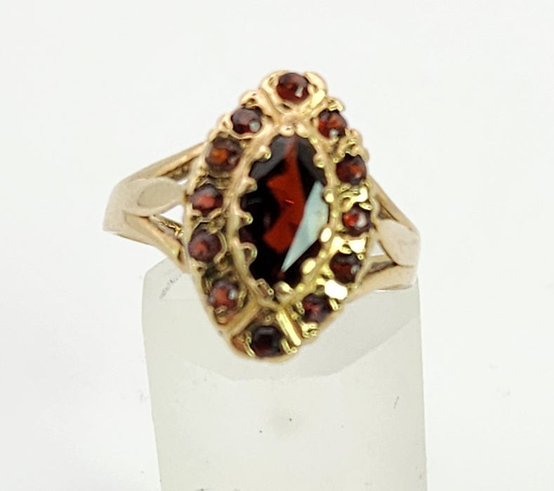 6359 : Vintage: 9ct Gold 13 Navette Set Garnets Cluster Ring- From 1977