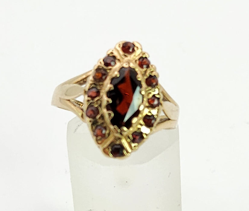 6359 : Vintage: 9ct Gold 13 Navette Set Garnets Cluster Ring- From 1977
